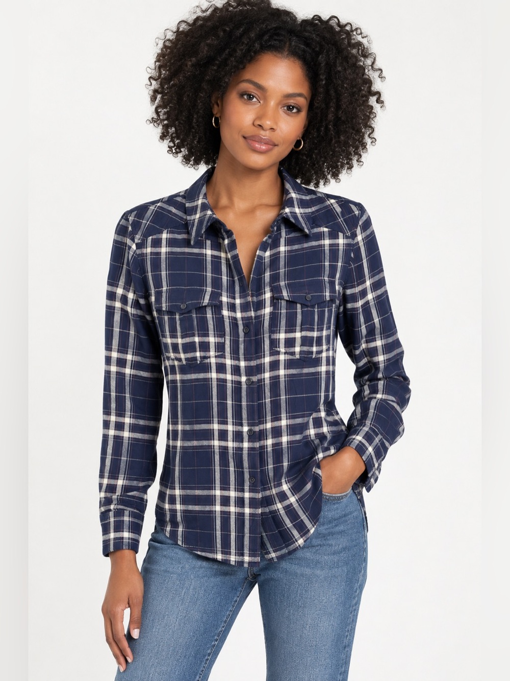 PAIGE Navy Plaid Button Down Shirt Western Soft Viscose Blouse Flannel Style S - Picture 1 of 7